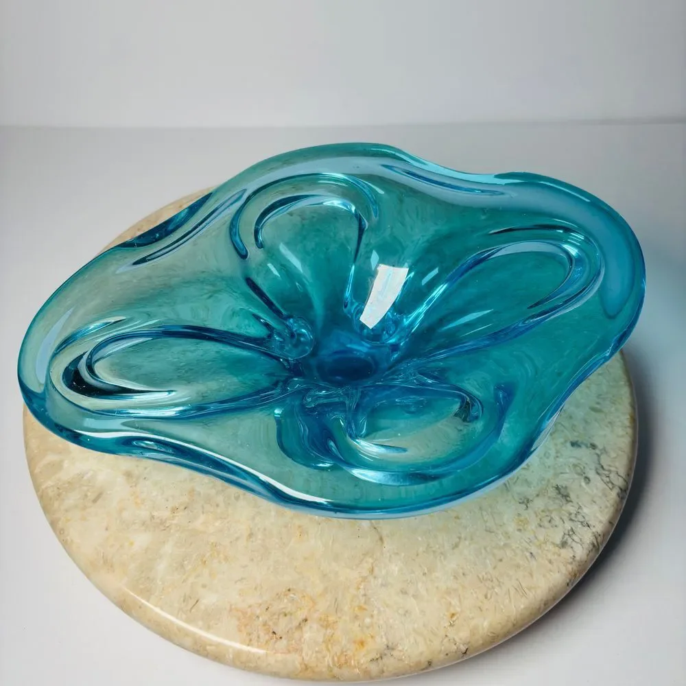 Vintage Murano Sommerso Blue Glass‎ Abstract Decorative Bowl MCM 60s 70s
